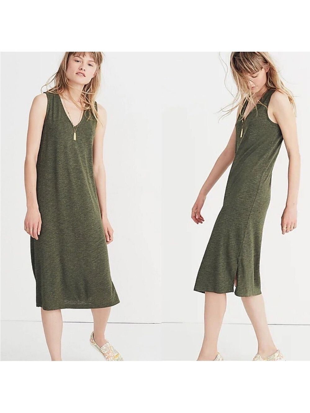 Madewell V-Neck Jersey Knit Tank Midi Dress XS Stretch Green Heather Loden